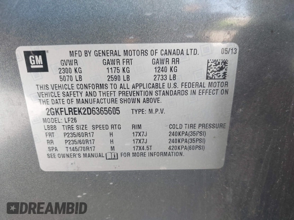 2013 GMC Terrain SLE with VIN 2GKFLREK2D6365605, listed as a IAAI auction lot 42002386 with 164,922 mi miles. Bid and sale history available at carsss.com. Image 9.