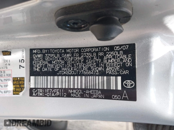 2007 Toyota Prius with VIN JTDKB20U177668473, listed as a IAAI auction lot 42738721 with Not provided miles and . Bid and sale history available at DreamBid. Image 9.