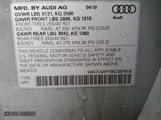 2019 Audi SQ5 Prestige with VIN WA1C4AFY9K2097608, listed as a Copart auction lot 73487022 with 22,154 mi miles. Bid and sale history available at carsss.com. Image 15.