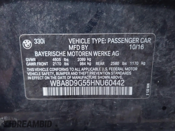 2017 BMW 3 Series 330i xDrive with VIN WBA8D9G55HNU60442, listed as a IAAI auction lot 41039727 with 99,350 mi miles. Bid and sale history available at carsss.com. Image 9.