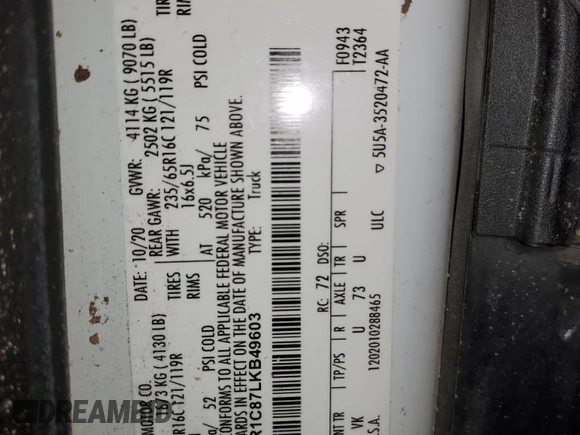 2020 Ford Transit Cargo with VIN 1FTBR1C87LKB49603, listed as a Copart auction lot 48592455 with 174,558 mi miles and Salvage Title. Bid and sale history available at DreamBid. Image 15.