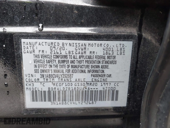 2020 Nissan Sentra SV with VIN 3N1AB8CV4LY292687, listed as a IAAI auction lot 41430519 with 112,955 mi miles. Bid and sale history available at carsss.com. Image 9.