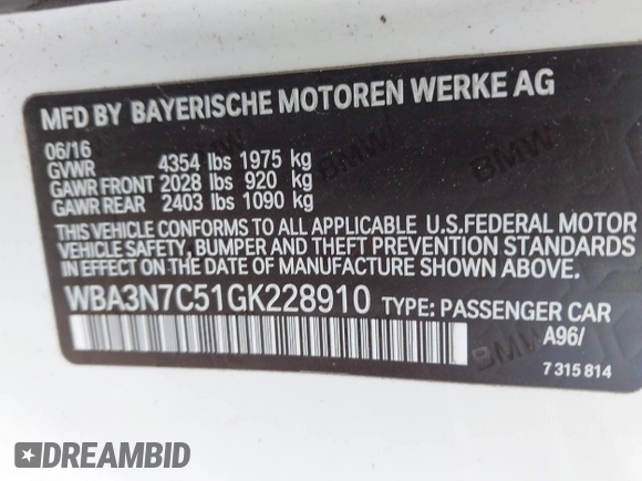 2016 BMW 4 Series 428i with VIN WBA3N7C51GK228910, listed as a IAAI auction lot 42341589 with 85,127 mi miles and . Bid and sale history available at DreamBid. Image 9.