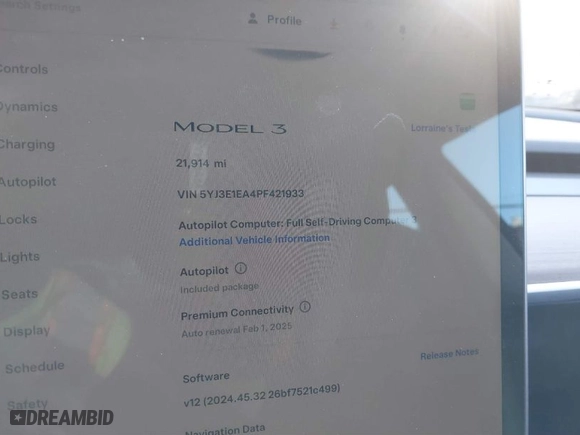 2023 Tesla Model 3 with VIN 5YJ3E1EA4PF421933, listed as a IAAI auction lot 41369120 with 21,914 mi miles. Bid and sale history available at carsss.com. Image 7.