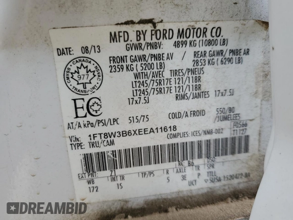 2014 Ford F-350 Platinum with VIN 1FT8W3B6XEEA11618, listed as a Copart auction lot 56959635 with 330,235 mi miles and Salvage title. Bid and sale history available at DreamBid. Image 12.