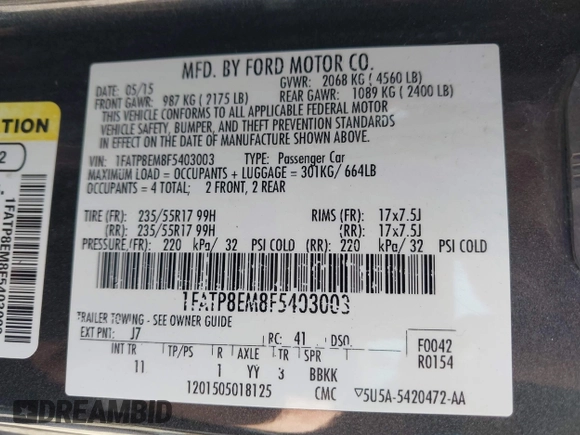 2015 Ford Mustang V6 z VIN 1FATP8EM8F5403003, wystawiony jako IAAI lot #42100184 z przebiegiem 77 532 mil mil oraz . Historia ofert i sprzedaży dostępna na DreamBid. Obrazek 9.