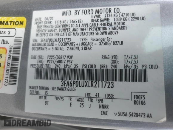 2020 Ford Fusion SE with VIN 3FA6P0LUXLR211723, listed as a Copart auction lot 58204165 with Not provided miles and Salvage title. Bid and sale history available at DreamBid. Image 12.