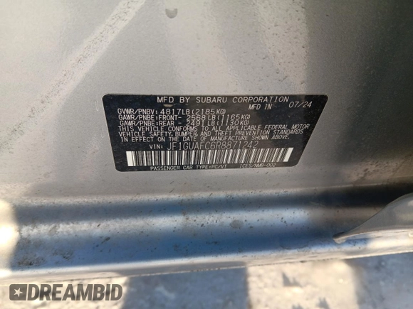 2024 Subaru Impreza Sport with VIN JF1GUAFC6R8871242, listed as a Copart auction lot 44423095 with 1,949 mi miles and Salvage Title. Bid and sale history available at carsss.com. Image 12.