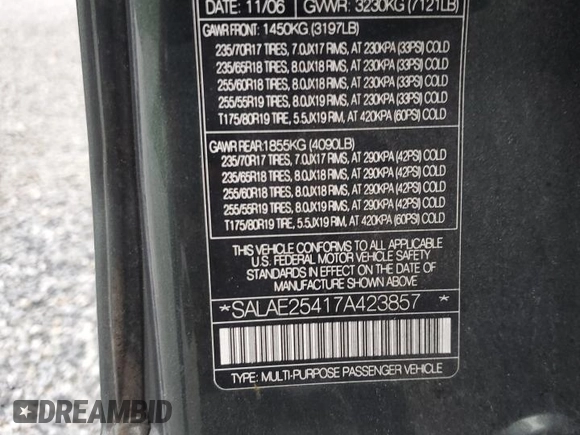 2007 Land Rover LR3 SE z VIN SALAE25417A423857, wystawiony jako Copart lot #57549935 z przebiegiem 126 650 mil mil oraz Szkoda całkowita • Salvage title. Historia ofert i sprzedaży dostępna na DreamBid. Obrazek 13.