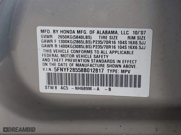 2008 Honda Pilot EX-L with VIN 5FNYF28558B012817, listed as a IAAI auction lot 41353216 with 233,854 mi miles. Bid and sale history available at carsss.com. Image 9.