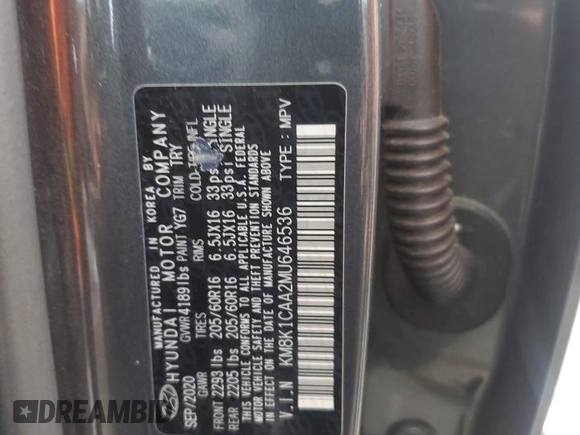 2021 Hyundai Kona SE z VIN KM8K1CAA2MU646536, wystawiony jako Copart lot #55553755 z przebiegiem 36 167 mil mil oraz Szkoda całkowita • Salvage title. Historia ofert i sprzedaży dostępna na DreamBid. Obrazek 12.