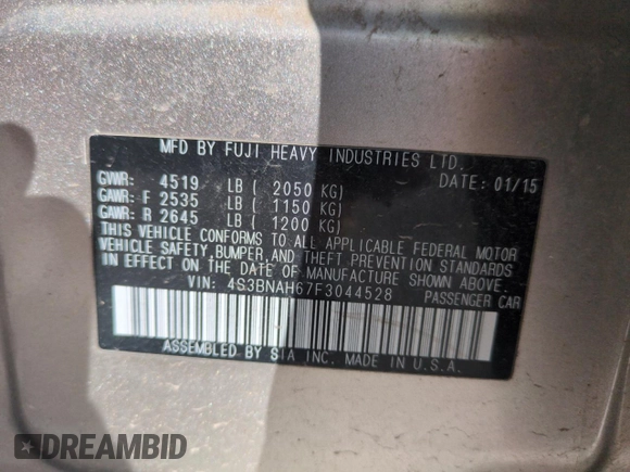 2015 Subaru Legacy Premium with VIN 4S3BNAH67F3044528, listed as a Copart auction lot 59813305 with 109,581 mi miles and Salvage title. Bid and sale history available at DreamBid. Image 13.