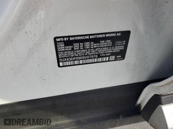 2024 BMW X3 sDrive30i with VIN 5UX43DP09R9V07976, listed as a Copart auction lot 51447545 with Not Provided miles and Salvage Title. Bid and sale history available at DreamBid. Image 13.