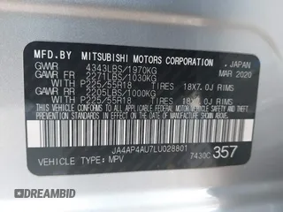 2020 Mitsubishi Outlander Sport SE 2.0 with VIN JA4AP4AU7LU028801, listed as a IAAI auction lot 41138636 with 105,709 mi miles. Bid and sale history available at carsss.com. Image 9.