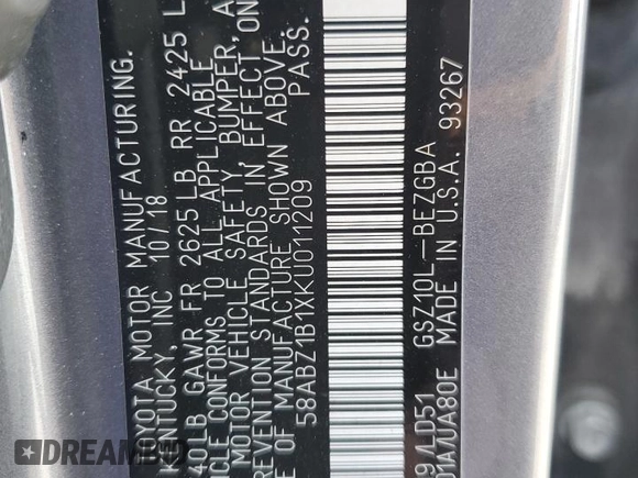 2019 Lexus ES 350 with VIN 58ABZ1B1XKU011209, listed as a Copart auction lot 52543685 with 65,954 mi miles and Salvage Title. Bid and sale history available at DreamBid. Image 12.