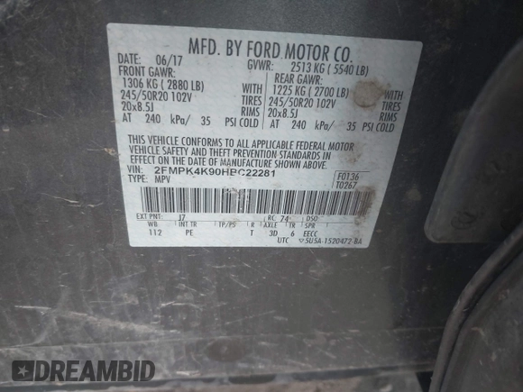 2017 Ford Edge Titanium with VIN 2FMPK4K90HBC22281, listed as a IAAI auction lot 41942400 with 82,111 mi miles. Bid and sale history available at carsss.com. Image 9.