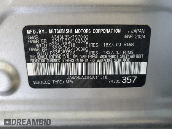 2024 Mitsubishi Outlander S z VIN JA4ARUAU3RU011318, wystawiony jako Copart lot #57679855 z przebiegiem 25 882 mil mil oraz Szkoda całkowita • Salvage title. Historia ofert i sprzedaży dostępna na DreamBid. Obrazek 14.