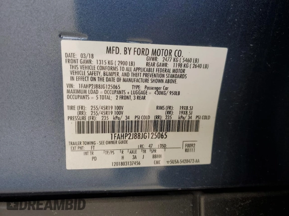 2018 Ford Taurus Limited with VIN 1FAHP2J88JG125065, listed as a Copart auction lot 47374875 with 25,632 mi miles and Clean title. Bid and sale history available at DreamBid. Image 12.