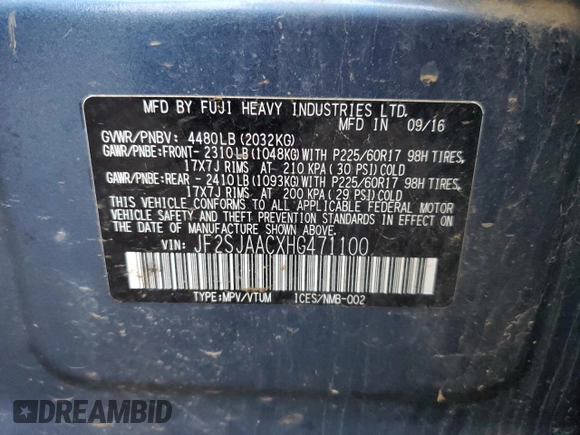 2017 Subaru Forester with VIN JF2SJAACXHG471100, listed as a Copart auction lot 81349614 with 82,864 mi miles and Salvage title. Bid and sale history available at DreamBid. Image 13.