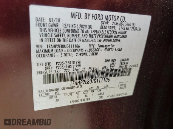 2018 Ford Taurus SEL with VIN 1FAHP2E80JG111106, listed as a Copart auction lot 58749665 with Not provided miles and Salvage title. Bid and sale history available at DreamBid. Image 12.