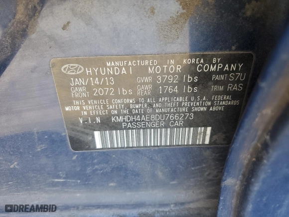 2013 Hyundai Elantra GLS PZEV with VIN KMHDH4AE8DU766273, listed as a Copart auction lot 44061105 with 127,349 mi miles and Salvage Title. Bid and sale history available at carsss.com. Image 12.