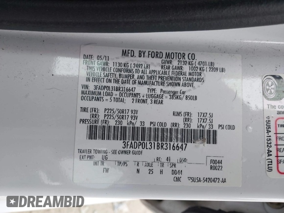 2011 Ford Fusion Hybrid with VIN 3FADP0L31BR316647, listed as a IAAI auction lot 41730126 with 162,354 mi miles. Bid and sale history available at carsss.com. Image 9.