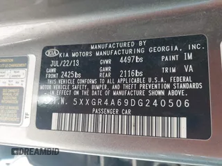 2013 Kia Optima SX с VIN 5XXGR4A69DG240506, выставлен на аукционе IAAI как лот 42299904 с пробегом 235 357 миль миль и . История ставок и продаж доступна на DreamBid. Изображение 9.