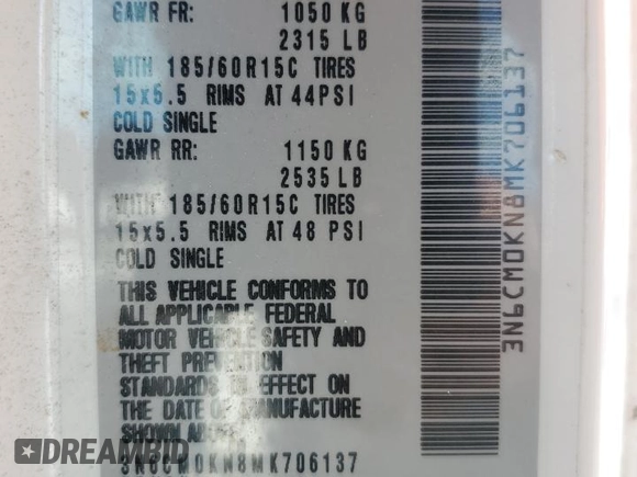 2021 Nissan NV200 S with VIN 3N6CM0KN8MK706137, listed as a Copart auction lot 61111975 with 83,725 mi miles and Salvage title. Bid and sale history available at DreamBid. Image 13.