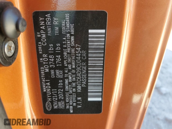 2012 Hyundai Veloster w/Red Int with VIN KMHTC6AD9CU044547, listed as a Copart auction lot 72633624 with 69,261 mi miles and Salvage title. Bid and sale history available at DreamBid. Image 12.
