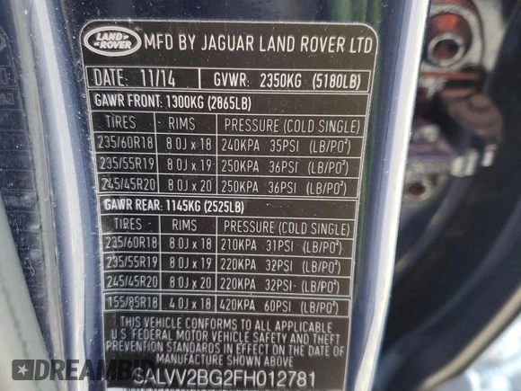 2015 Land Rover Range Rover Evoque Prestige z VIN SALVV2BG2FH012781, wystawiony jako Copart lot #57328405 z przebiegiem Nie podano mil oraz Szkoda całkowita • Salvage title. Historia ofert i sprzedaży dostępna na DreamBid. Obrazek 12.
