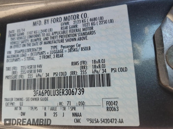 2014 Ford Fusion SE Hybrid with VIN 3FA6P0LU3ER306739, listed as a Copart auction lot 69887454 with 114,150 mi miles and Salvage title. Bid and sale history available at DreamBid. Image 14.