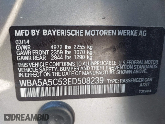 2014 BMW 5 Series 528i with VIN WBA5A5C53ED508239, listed as a IAAI auction lot 40631499 with Not Provided miles and . Bid and sale history available at DreamBid. Image 9.