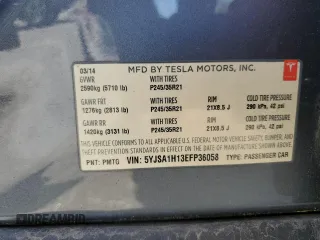 2014 Tesla Model S 60 z VIN 5YJSA1H13EFP36058, wystawiony jako Copart lot #57041725 z przebiegiem Nie podano mil oraz Szkoda całkowita • Salvage title. Historia ofert i sprzedaży dostępna na DreamBid. Obrazek 12.