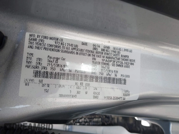 2016 Ford Focus SE with VIN 1FADP3F27GL322186, listed as a IAAI auction lot 42062320 with 131,007 mi miles and . Bid and sale history available at carsss.com. Image 9.