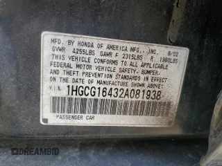2002 Honda Accord LX z VIN 1HGCG16432A081938, wystawiony jako Copart lot #42334775 z przebiegiem Nie podano mil oraz Szkoda całkowita • Salvage title. Historia ofert i sprzedaży dostępna na DreamBid. Obrazek 13.