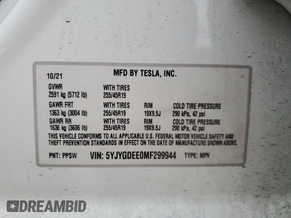 2021 Tesla Model Y Long Range z VIN 5YJYGDEE0MF299944, wystawiony jako Copart lot #55424295 z przebiegiem 54 698 mil mil oraz Szkoda całkowita • Salvage title. Historia ofert i sprzedaży dostępna na DreamBid. Obrazek 13.