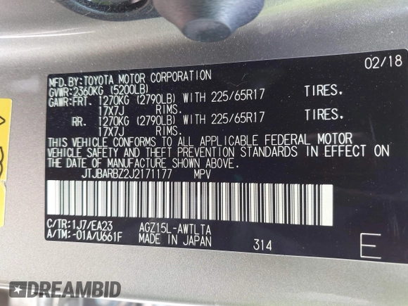 2018 Lexus NX 300 with VIN JTJBARBZ2J2171177, listed as a IAAI auction lot 42141305 with 87,012 mi miles and . Bid and sale history available at DreamBid. Image 9.