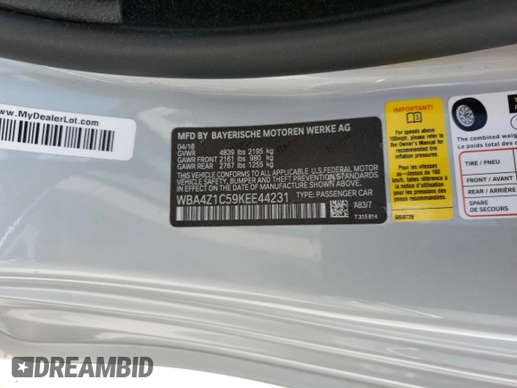 2019 BMW 4 Series 430i z VIN WBA4Z1C59KEE44231, wystawiony jako Copart lot #43372235 z przebiegiem 34 143 mil mil oraz Szkoda całkowita • Salvage title. Historia ofert i sprzedaży dostępna na DreamBid. Obrazek 13.