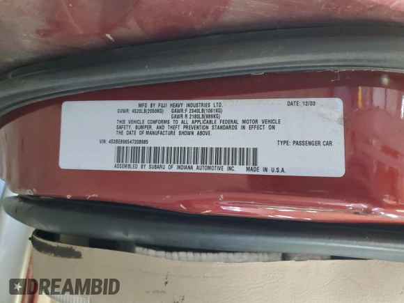 2004 Subaru Legacy Outback with VIN 4S3BE896547208985, listed as a Copart auction lot 47671475 with 255,395 mi miles and Salvage title. Bid and sale history available at DreamBid. Image 12.