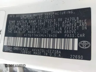 2021 Toyota Camry SE Nightshade with VIN 4T1G11AKXMU478406, listed as a IAAI auction lot 42106018 with 51,990 mi miles and . Bid and sale history available at DreamBid. Image 9.