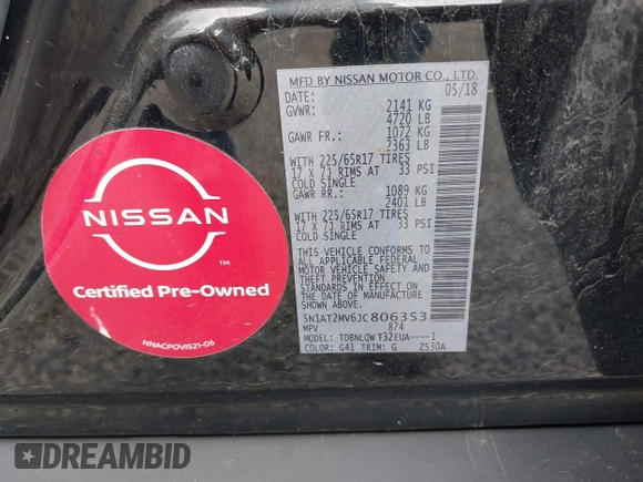 2018 Nissan Rogue SV with VIN 5N1AT2MV6JC806353, listed as a IAAI auction lot 41903637 with 101,223 mi miles. Bid and sale history available at carsss.com. Image 9.