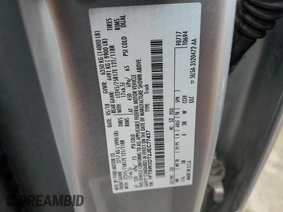 2018 Ford F-350 XL с VIN 1FT8W3DT2JEC77437, выставлен на аукционе Copart как лот 45136635 с пробегом 119 607 миль миль и Чистый • Clean title. История ставок и продаж доступна на DreamBid. Изображение 10.