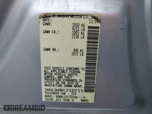 2015 Nissan Altima SV with VIN 1N4AL3AP8FC210755, listed as a Copart auction lot 54683675 with 130,640 mi miles and Salvage Title. Bid and sale history available at DreamBid. Image 12.