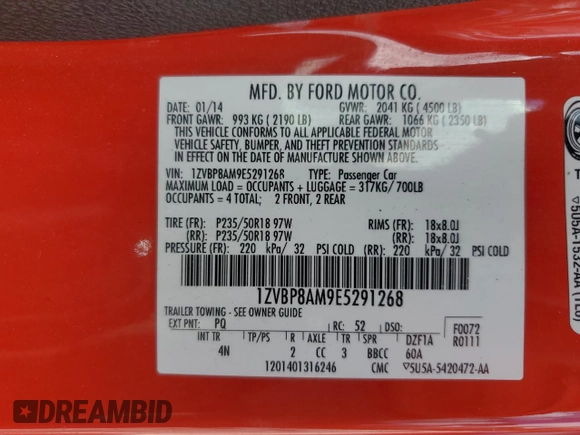 2014 Ford Mustang V6 with VIN 1ZVBP8AM9E5291268, listed as a Copart auction lot 59956805 with 139,859 mi miles and Salvage title. Bid and sale history available at DreamBid. Image 12.