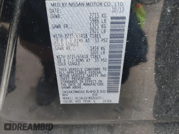 2014 Nissan Pathfinder Platinum with VIN 5N1AR2MN1EC640330, listed as a IAAI auction lot 42627110 with 131,536 mi miles and . Bid and sale history available at DreamBid. Image 9.