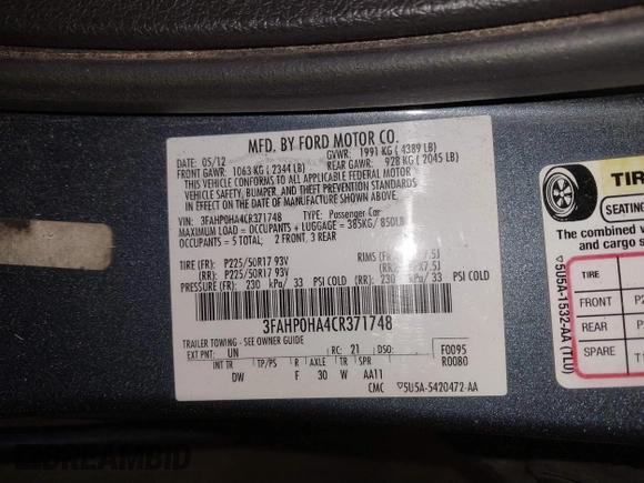 2012 Ford Fusion SE with VIN 3FAHP0HA4CR371748, listed as a IAAI auction lot 41621960 with 155,995 mi miles. Bid and sale history available at carsss.com. Image 9.