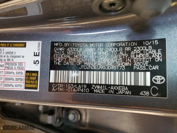 2016 Toyota Prius v Two with VIN JTDZN3EU9GJ045173, listed as a Copart auction lot 49416645 with 73,317 mi miles and Salvage Title. Bid and sale history available at carsss.com. Image 12.