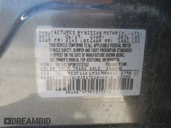 2019 Nissan Sentra S with VIN 3N1AB7AP9KY379742, listed as a Copart auction lot 57699995 with 104,080 mi miles and Salvage title. Bid and sale history available at DreamBid. Image 12.