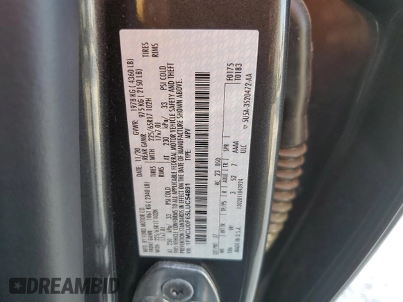2020 Ford Escape S with VIN 1FMCU0F65LUC54891, listed as a Copart auction lot 42573265 with Not Provided miles and Non Repairable. Bid and sale history available at carsss.com. Image 12.