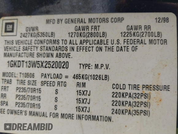1999 GMC Jimmy SLE with VIN 1GKDT13W5X2520020, listed as a IAAI auction lot 41337936 with 277,615 mi miles. Bid and sale history available at carsss.com. Image 9.